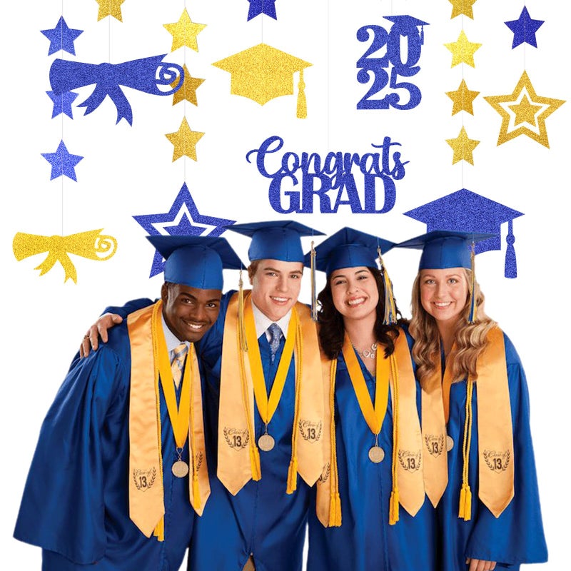burgleda Navy-Blue Gold Graduation Party-Decorations Garland - 8pcs Congrats Grad Class 2025 Banner Star Hat Hanging Streamers College High School Congratulations Masters Classroom Backdrop Decor Burgleda - Image 5