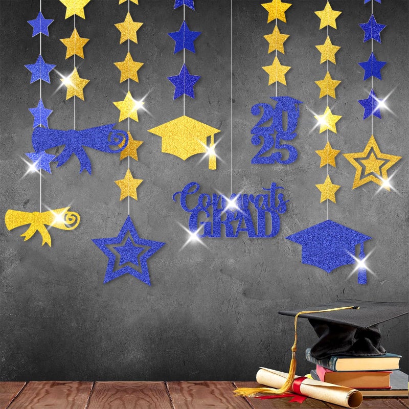 burgleda Navy-Blue Gold Graduation Party-Decorations Garland - 8pcs Congrats Grad Class 2025 Banner Star Hat Hanging Streamers College High School Congratulations Masters Classroom Backdrop Decor Burgleda - Image 1