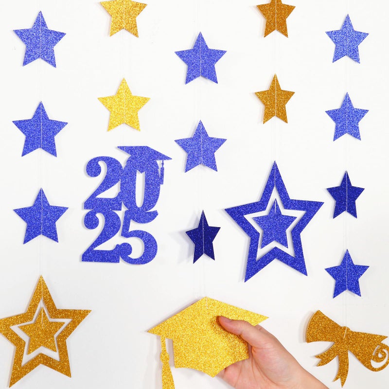 burgleda Navy-Blue Gold Graduation Party-Decorations Garland - 8pcs Congrats Grad Class 2025 Banner Star Hat Hanging Streamers College High School Congratulations Masters Classroom Backdrop Decor Burgleda - Image 3