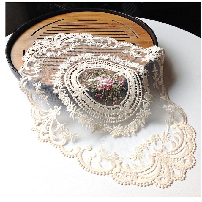 2PACK RETRO FRENCH STYLE LACE PLACEMATS FASHIONABLE EMBROIDERED CUP MAT VASE MAT 12X16 BEIGE