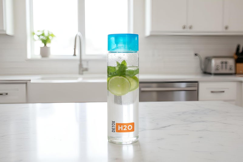 Vency DETOX-H2O Glass Fridge Water Bottle with Plastic Cap Leak proof & detox water bottle glass Wide mouth & Easy to Clean Best Usage for Office-School-College Set of 1, 800ml Clear - Image 1