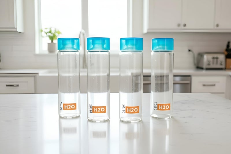Vency DETOX-H2O Glass Fridge Water Bottle with Plastic Cap Leak proof & detox water bottle glass Wide mouth & Easy to Clean Best Usage for Office-School-College Set of 1, 800ml Clear - Image 5