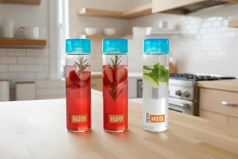 Vency DETOX-H2O Glass Fridge Water Bottle with Plastic Cap Leak proof & detox water bottle glass Wide mouth & Easy to Clean Best Usage for Office-School-College Set of 1, 800ml Clear - Image 2
