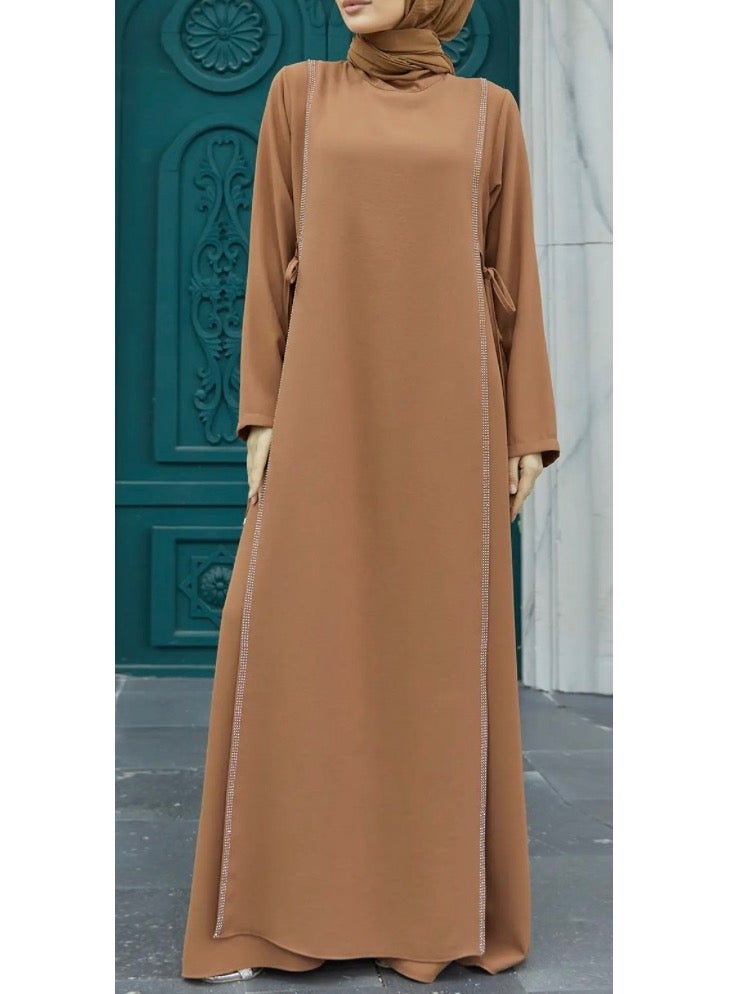 SOLOBUY Dresses Abaya, Color Bronze, Long Sleeves, Ties On The Sides, Collar Funnel, Maxi  - Image 1