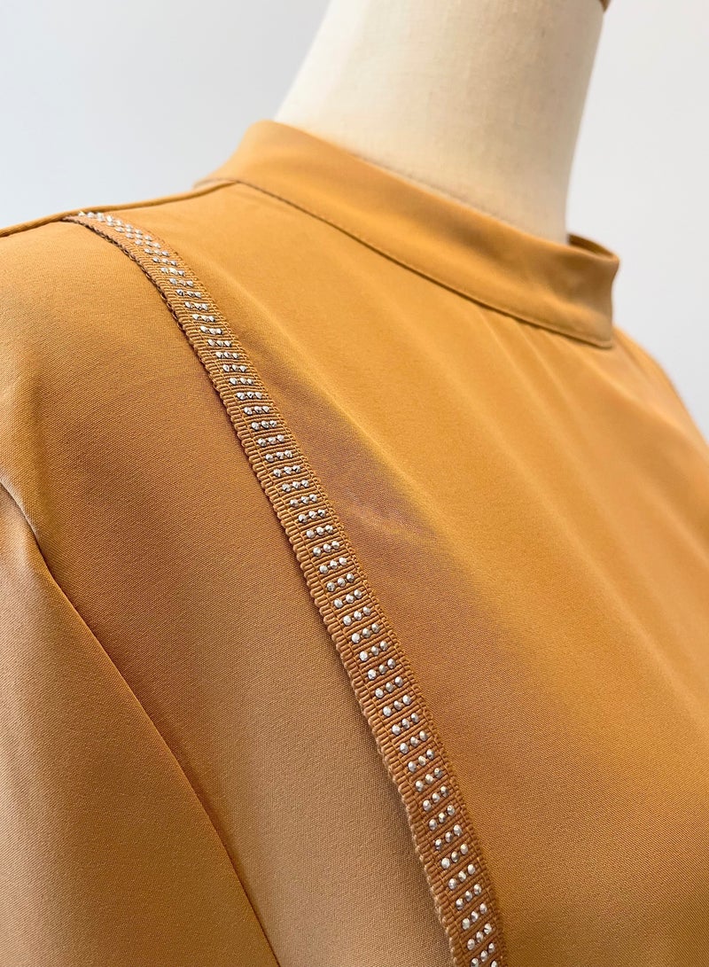 SOLOBUY Dresses Abaya, Color Bronze, Long Sleeves, Ties On The Sides, Collar Funnel, Maxi  - Image 5