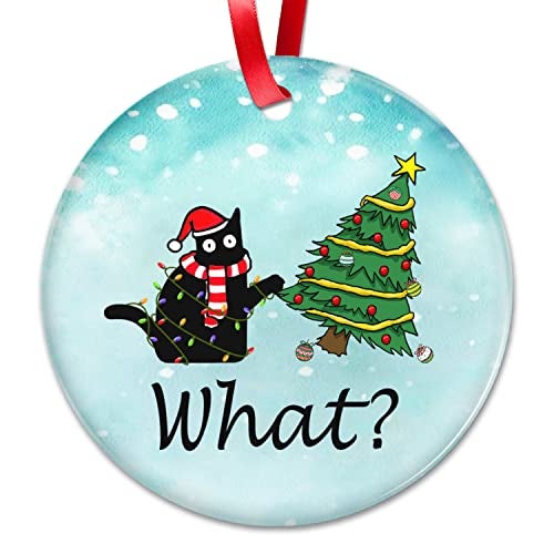 OASSIE Funny Black Cat Gifts for Women Men  Ceramic Christmas Ornaments 2025 for Tree Decorations  Christmas Cat Lover Gifts for Women Animal Lovers Funny Ornaments White Elephant Gift Ideas