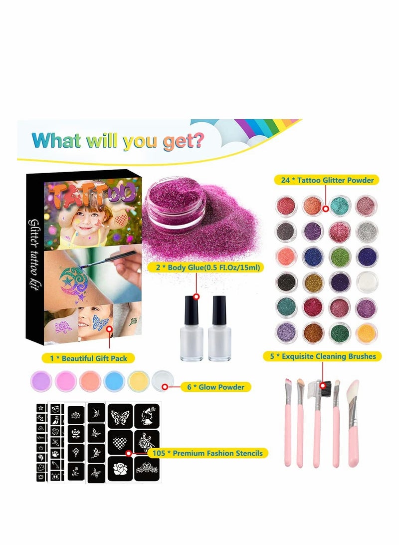 Temporary Glitter Tattoo Kit with 30 Colors - Waterproof Body Tattoos for Kids Boys Girls, Festive Party Gifts - Includes 24 Glitter Powder, 6 Glow Powder, 105 Stencils, 5 Brushes, 2 Glue - Image 2