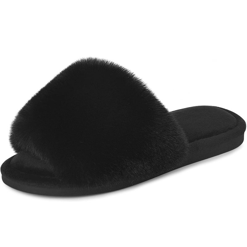 Parlovable Women's Faux Fur Slippers Fuzzy Flat Spa Fluffy Open Toe House Shoes Indoor Outdoor Slip on Memory Foam Slide Sandals Black 5-6 - Image 1