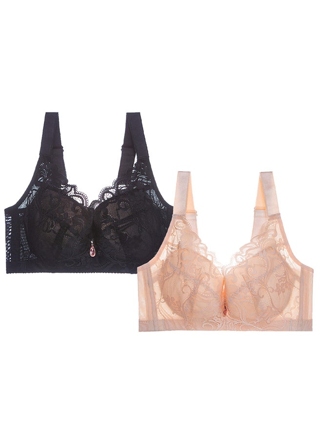 MARGOUN 2 Pack For Women's Large Size Lace Bra Wide Straps Wireless Bralettes with Full Cup Pads Bras for Ladys Women 40/90 Black Beige - Image 2