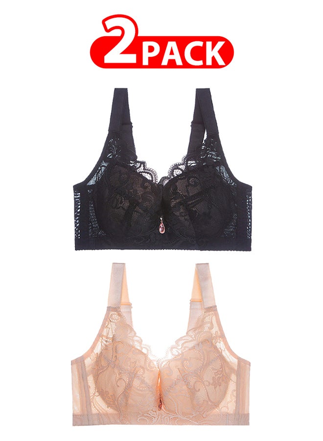 MARGOUN 2 Pack For Women's Large Size Lace Bra Wide Straps Wireless Bralettes with Full Cup Pads Bras for Ladys Women 40/90 Black Beige - Image 1