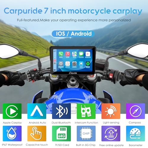Carpuride W702PRO for Motorcycle CarPlay& Android Auto& Dual Bluetooth - 7" Waterproof GPS Navigation Screen for Motorbike, Music Sharing, Intercom, EQ, Light Sensor, Compass, Barometer - Image 2