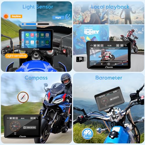 Carpuride W702PRO for Motorcycle CarPlay& Android Auto& Dual Bluetooth - 7" Waterproof GPS Navigation Screen for Motorbike, Music Sharing, Intercom, EQ, Light Sensor, Compass, Barometer - Image 5