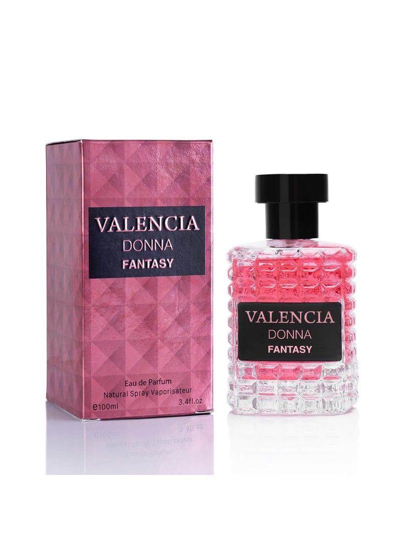 NovoGlow - Valencia Donna Fantasy for Women Eau De Parfum  Floral Fruity Fragrance Top Notes of Kiwi  Brazilian Orange Mid Aroma of Rose  Jasmine  Base Scent of White Musk  Texas Cedar Elegant 100ml Bottle - Image 1