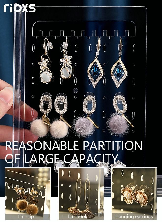 RIOXS Acrylic Jewelry Storage Box with 2 Drawers 3 Clear Hanging Earring Holders Velvet Jewelry Organizer Clear Jewelry Display Storage Case for Ring Bracelet Earring and Necklace Grey 2 Layer  - Image 3
