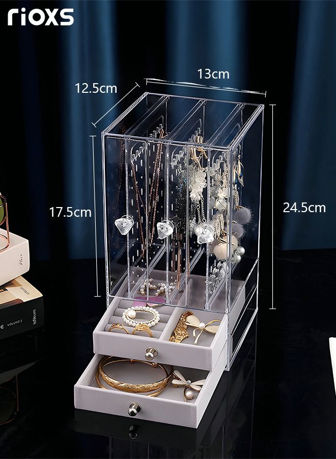 RIOXS Acrylic Jewelry Storage Box with 2 Drawers 3 Clear Hanging Earring Holders Velvet Jewelry Organizer Clear Jewelry Display Storage Case for Ring Bracelet Earring and Necklace Grey 2 Layer  - Image 2