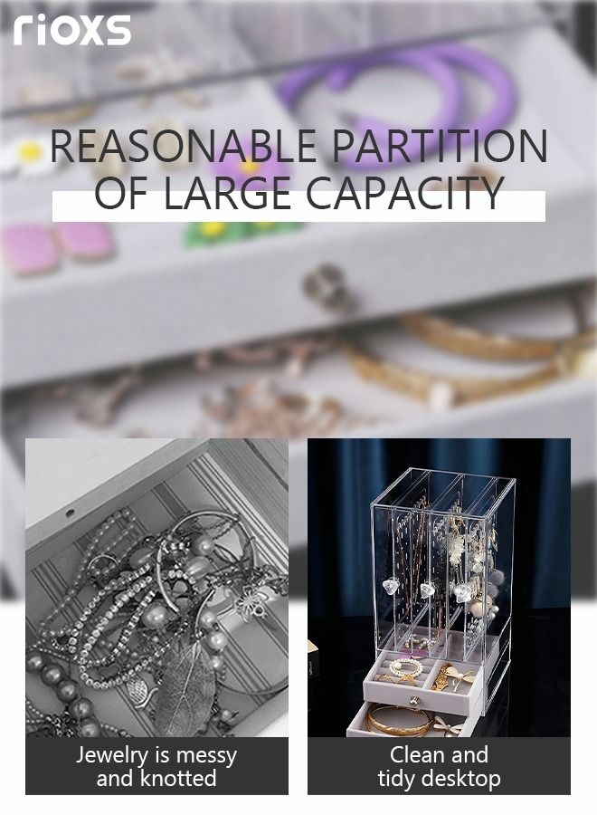 RIOXS Acrylic Jewelry Storage Box with 2 Drawers 3 Clear Hanging Earring Holders Velvet Jewelry Organizer Clear Jewelry Display Storage Case for Ring Bracelet Earring and Necklace Grey 2 Layer  - Image 4