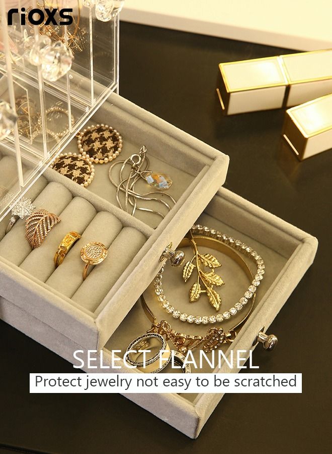 RIOXS Acrylic Jewelry Storage Box with 2 Drawers 3 Clear Hanging Earring Holders Velvet Jewelry Organizer Clear Jewelry Display Storage Case for Ring Bracelet Earring and Necklace Grey 2 Layer  - Image 5