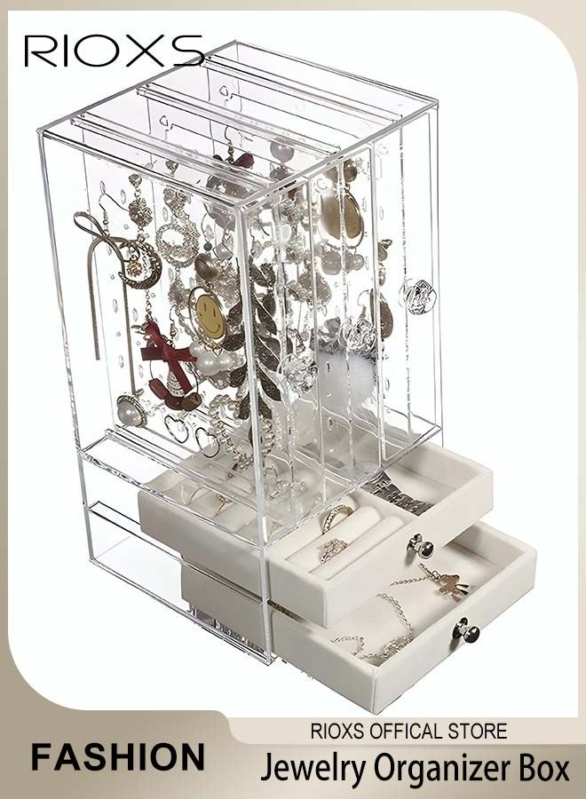 RIOXS Acrylic Jewelry Storage Box with 2 Drawers 3 Clear Hanging Earring Holders Velvet Jewelry Organizer Clear Jewelry Display Storage Case for Ring Bracelet Earring and Necklace Grey 2 Layer  - Image 1