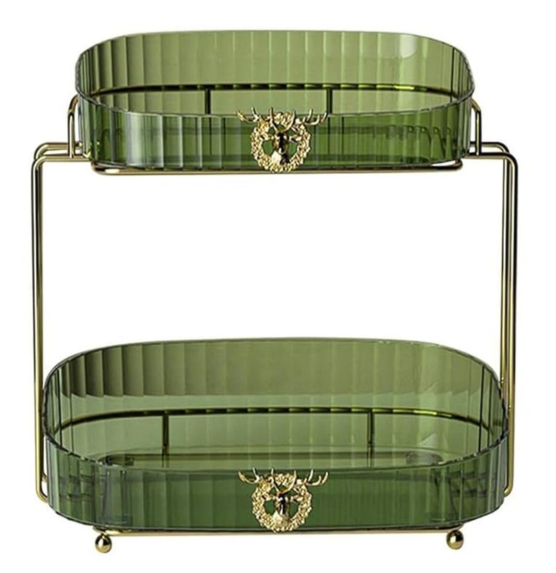 Kiwilon 2 Tier Metallic Golden Countertop Organizer for Kitchen and Bathroom with Removable Plastic Basket Shelf (Green) - Image 1
