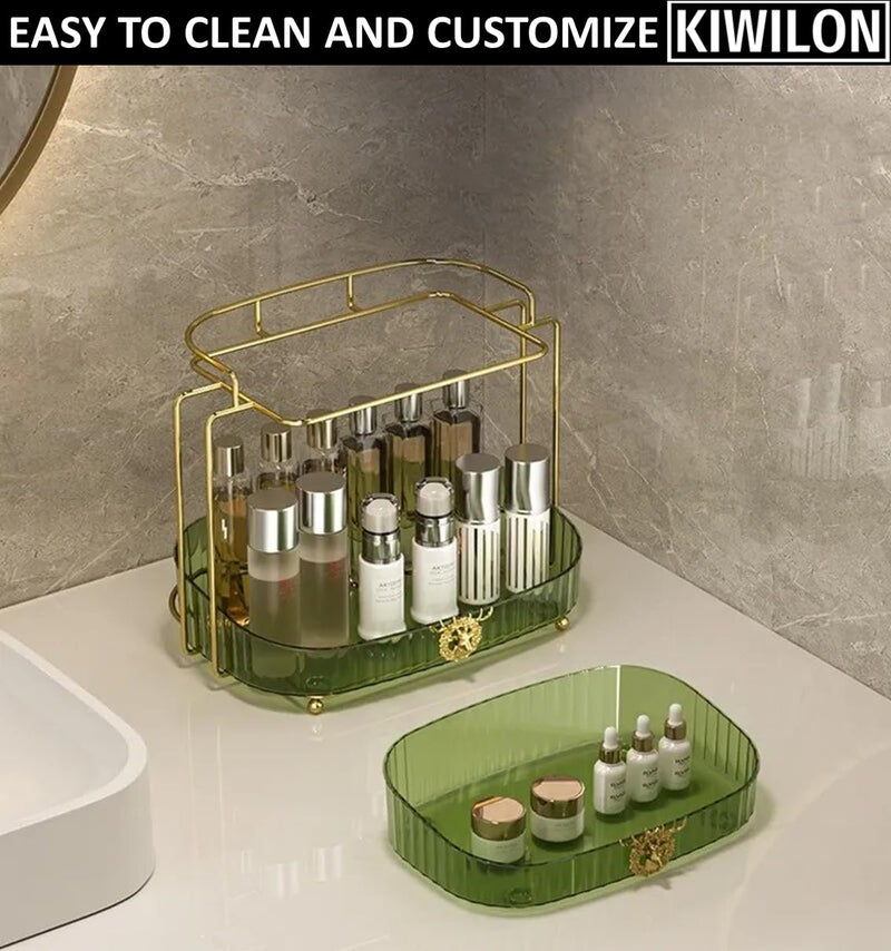 Kiwilon 2 Tier Metallic Golden Countertop Organizer for Kitchen and Bathroom with Removable Plastic Basket Shelf (Green) - Image 5