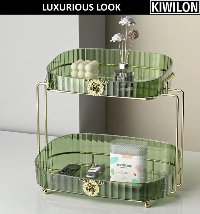 Kiwilon 2 Tier Metallic Golden Countertop Organizer for Kitchen and Bathroom with Removable Plastic Basket Shelf (Green) - Image 4