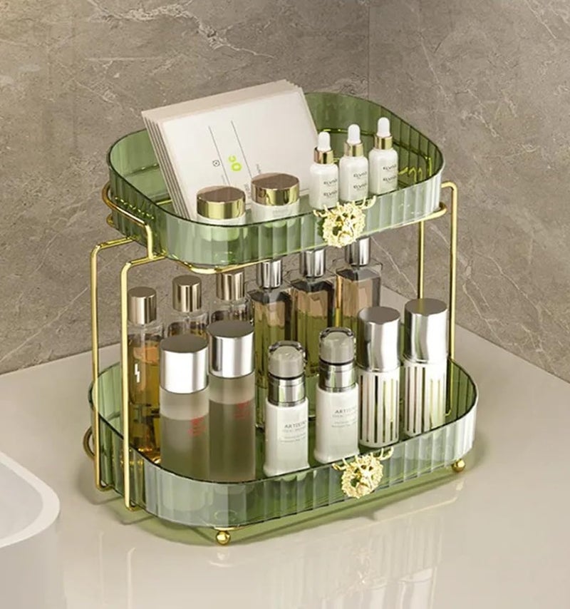 Kiwilon 2 Tier Metallic Golden Countertop Organizer for Kitchen and Bathroom with Removable Plastic Basket Shelf (Green) - Image 2