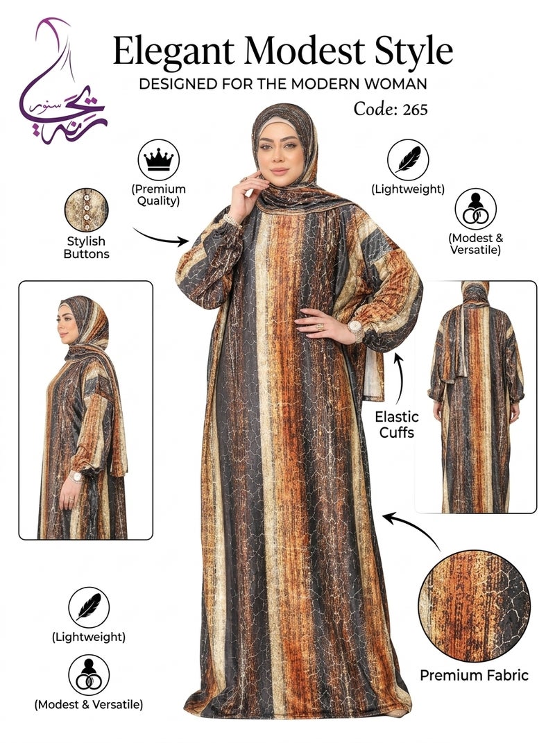 Olive-yellow - Women's Striped Abaya in Earthy Tones with Wide Sleeves for Daily & Modern Occasions - Brown, Red & Black Color - Size free 80-120kg - Image 4