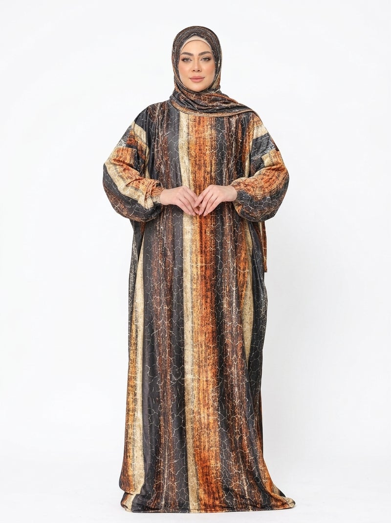 Olive-yellow - Women's Striped Abaya in Earthy Tones with Wide Sleeves for Daily & Modern Occasions - Brown, Red & Black Color - Size free 80-120kg - Image 1