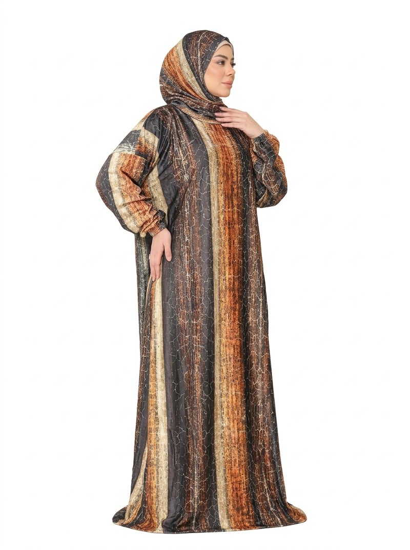Olive-yellow - Women's Striped Abaya in Earthy Tones with Wide Sleeves for Daily & Modern Occasions - Brown, Red & Black Color - Size free 80-120kg - Image 2