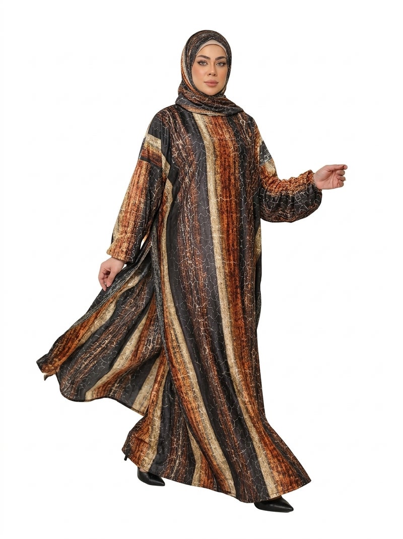 Olive-yellow - Women's Striped Abaya in Earthy Tones with Wide Sleeves for Daily & Modern Occasions - Brown, Red & Black Color - Size free 80-120kg - Image 3