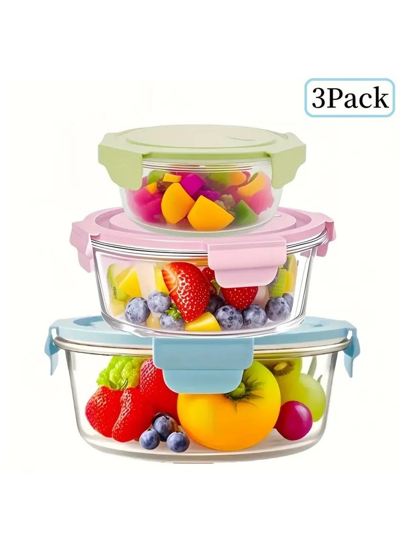 3-Piece Borosilicate Glass Food Storage Containers Set with Airtight Lids, Leakproof Microwave & Freezer Safe Meal Prep Lunch Boxes, Stackable Refrigerator Organizer Bins. (Round) - Image 1