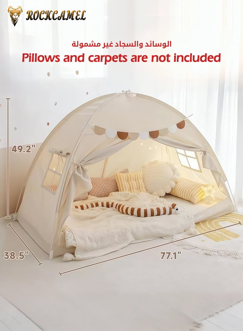 ROCKCAMEL خيمة لعب للأطفال، خيمة لعب داخلية كبيرة مع أضواء وأعلام، خيمة قلعة الأميرة للفتيات والأولاد، قلعة لعب للأطفال الصغار للقراءة والحصن وغرفة النوم والتخييم، هدية عطلة عيد الميلاد (194 × 98 × 120 سم، بيج) - Image 2