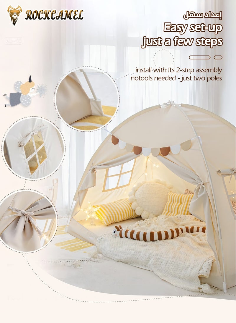 ROCKCAMEL خيمة لعب للأطفال، خيمة لعب داخلية كبيرة مع أضواء وأعلام، خيمة قلعة الأميرة للفتيات والأولاد، قلعة لعب للأطفال الصغار للقراءة والحصن وغرفة النوم والتخييم، هدية عطلة عيد الميلاد (194 × 98 × 120 سم، بيج) - Image 5