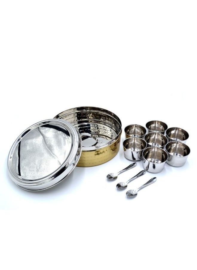 Winsor - Spice Box Hammerd and Gold Finish Container | Masala Dabba With 11 Compartments, Masala Box, Spice Container Box | Stainless Steel Spice Box Indian Masala Dabba with Lid - Image 1