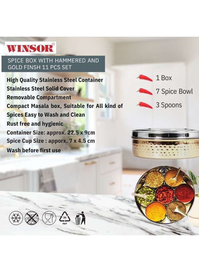 Winsor - Spice Box Hammerd and Gold Finish Container | Masala Dabba With 11 Compartments, Masala Box, Spice Container Box | Stainless Steel Spice Box Indian Masala Dabba with Lid - Image 1