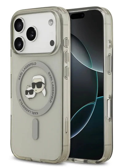 Karl Lagerfeld iPhone 17 Pro  MagSafe IML Case With Printed Karl & Choupette Head / Easy Snap-On / Slim Profile / Lightweight / Back Cover - Transparent/Grey