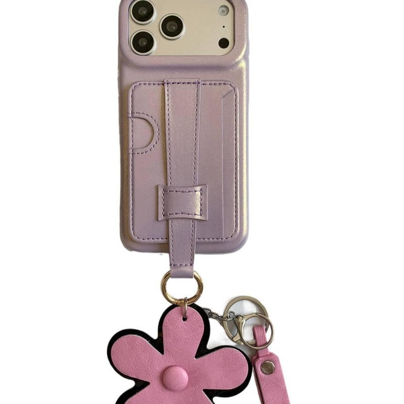 iPhone 14 Case TPU for 14 Plus 14 Pro 14 Pro Max with Card Holder and Wrist Strap and Kickstand in Purple - Image 1