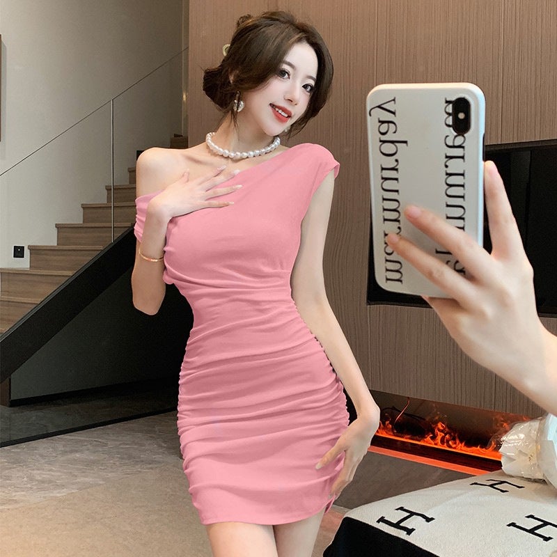 Slope Collar Off-Shoulder Pleated Tight Hip Skirt Summer Elegant Simple Fresh Casual Midi Skirt - Image 4