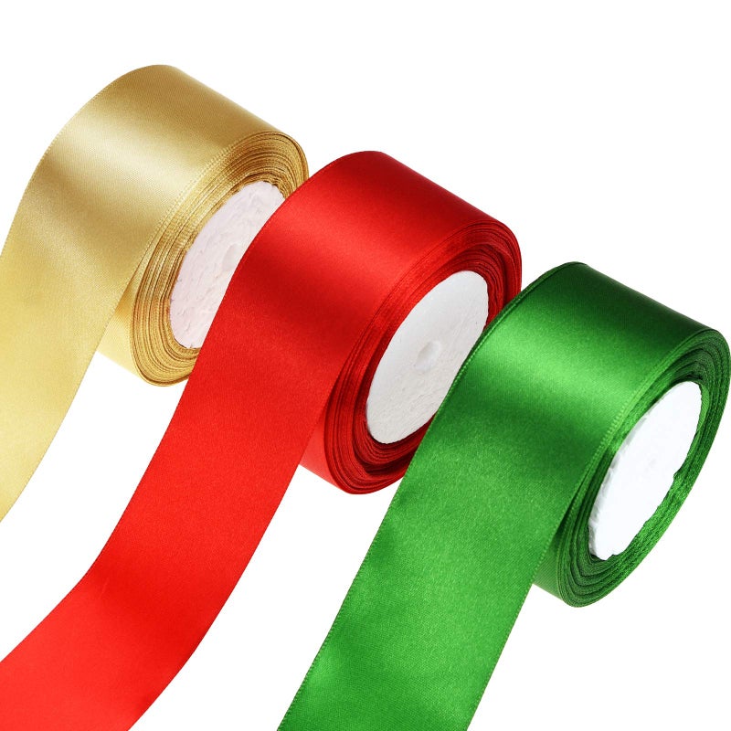 yeabwps 3 Rolls Wide Christmas Satin Ribbon Double Face Polyester Satin Ribbon Solid Satin Ribbon for Christmas Wedding Mothers Day Gift Wrapping Crafts Hair Bows Party Favors  2inch Red GreenGold