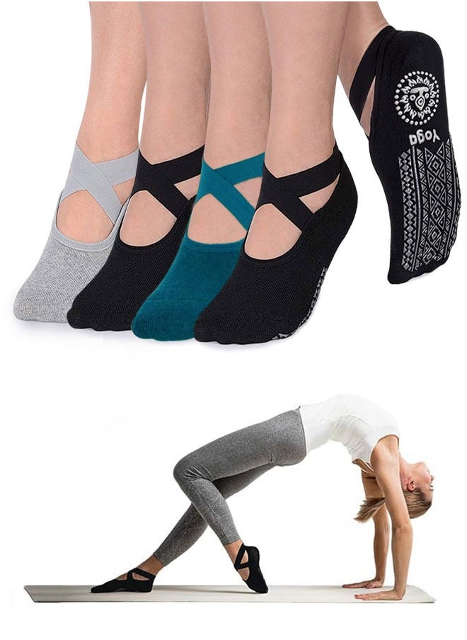 HAWAWA 4 Pairs Cotton Yoga Socks Non-Slip Grips for Women , Anti Slip Socks Socks with Straps For Yoga,Pilates,Ballet,Dance,Workout (Black, peacock blueand and Light Grey)  - Image 1
