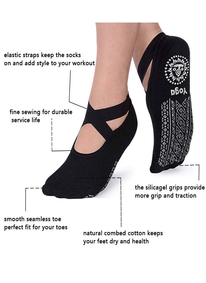 HAWAWA 4 Pairs Cotton Yoga Socks Non-Slip Grips for Women , Anti Slip Socks Socks with Straps For Yoga,Pilates,Ballet,Dance,Workout (Black, peacock blueand and Light Grey)  - Image 3