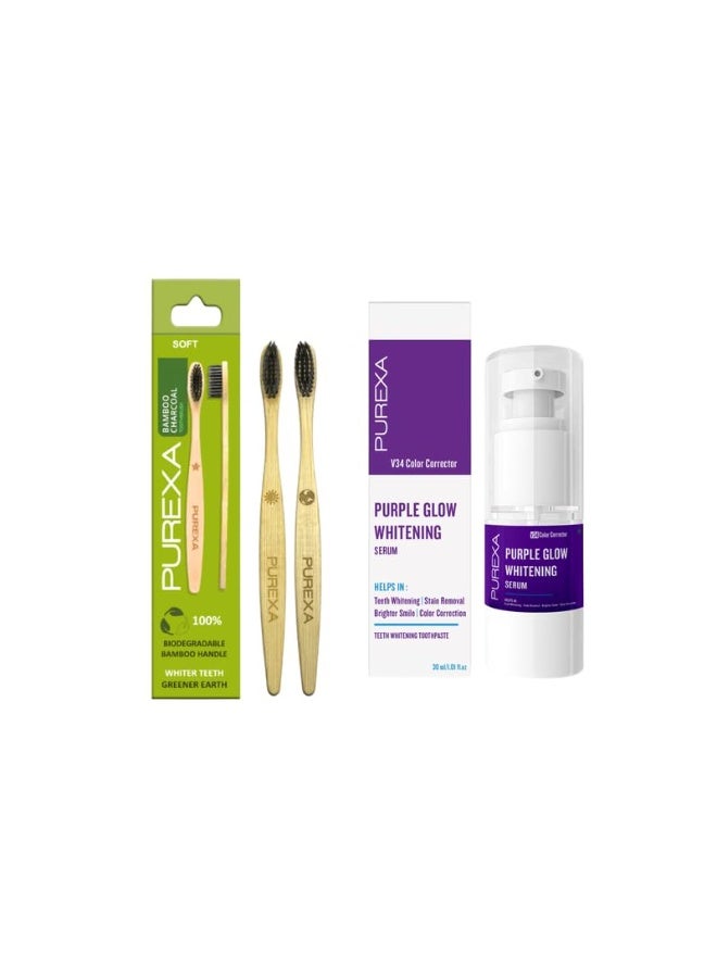 PUREXA V34 Purple Whitening Toothpaste with Bamboo Brush | Purple Serum 30 ml Colour Corrector Oral Care Combo | Enamel-Safe Whitening Support for Men & Women - Image 1