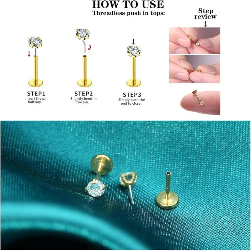 Bukela Threadless Nose Studs,  6 PCS 20G Gold Filled Flat Back Studs with CZ Stones, Hypoallergenic Threadless Nose Ring for Nostril Tragus Helix Piercing Jewelry - Image 3
