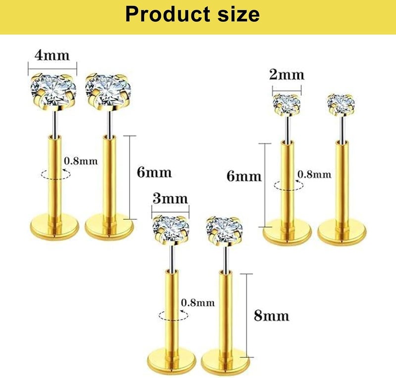 Bukela Threadless Nose Studs,  6 PCS 20G Gold Filled Flat Back Studs with CZ Stones, Hypoallergenic Threadless Nose Ring for Nostril Tragus Helix Piercing Jewelry - Image 2