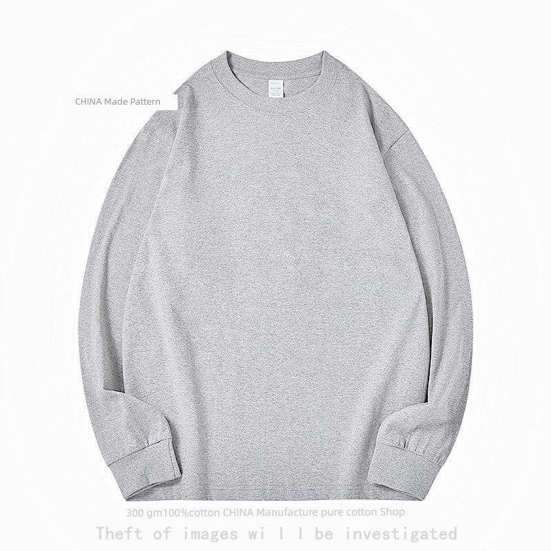 300G heavyweight pure cotton round neck simple long-sleeved T-shirt top inner layer thick and not see-through loose undershirt autumn and winter - Image 1