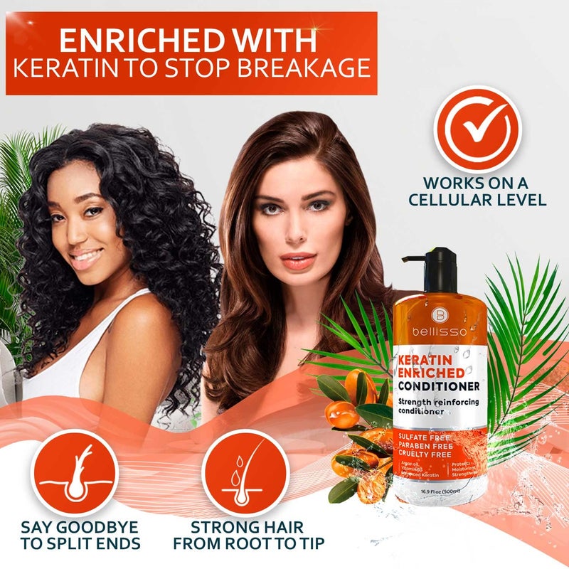 BELLISSO Keratin Conditioner â€“ Sulfate and Paraben Free Deep Treatment for Dry, Damaged Hair - Salon Formula - For Curly, Color Treated, Straight and Frizzy Hair â€“ for Women and Men to Repair Split Ends - Image 1