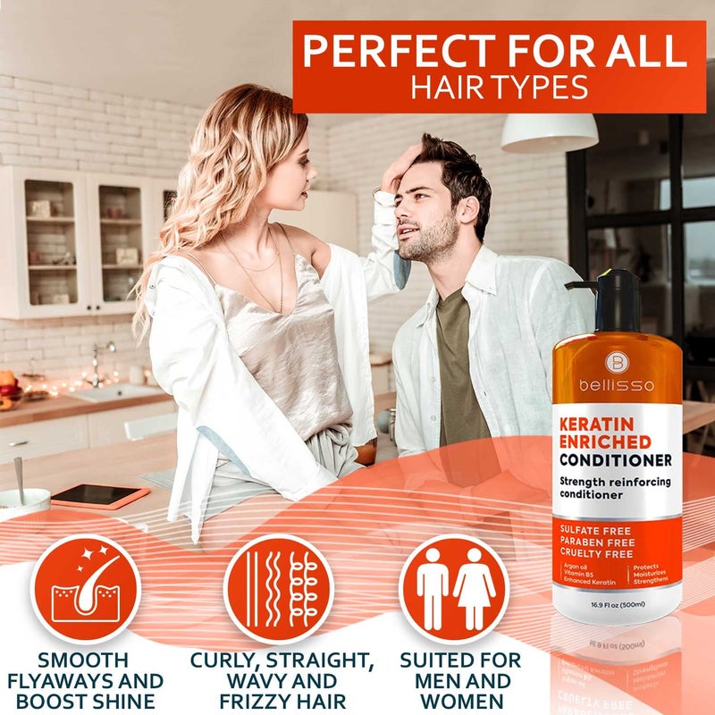 BELLISSO Keratin Conditioner â€“ Sulfate and Paraben Free Deep Treatment for Dry, Damaged Hair - Salon Formula - For Curly, Color Treated, Straight and Frizzy Hair â€“ for Women and Men to Repair Split Ends - Image 5