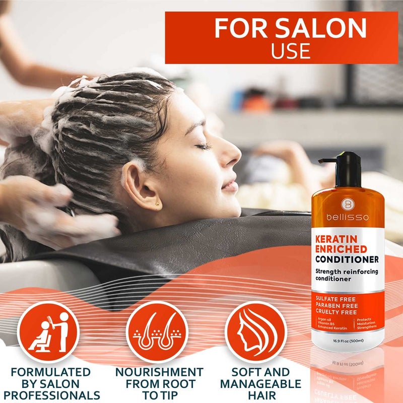 BELLISSO Keratin Conditioner â€“ Sulfate and Paraben Free Deep Treatment for Dry, Damaged Hair - Salon Formula - For Curly, Color Treated, Straight and Frizzy Hair â€“ for Women and Men to Repair Split Ends - Image 4