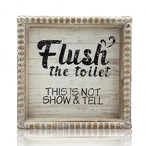 ZLFart Boho Farmhouse Wooden Framed Bathroom Decor Signs, Funny Restroom Decorative Plaque Small Cute, Toilet Rules Shelf Decoration (Flush The Toilet Sign) - Image 1