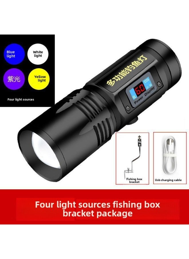 Four-light Source Zoom Fishing Lamp Purple Light Fishing Lamp Charged Display Strong Light Flashlight Charging High-power Night Fishing Lamp 99-Color:No. 1 Black Eagle Four Light-fishing Box Rack  - Image 1